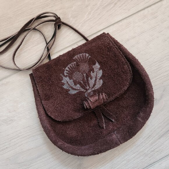 L & M  Highland Outfitters Dark Brown Suede Leather Thistle Scottish Crossbody - Picture 1 of 6